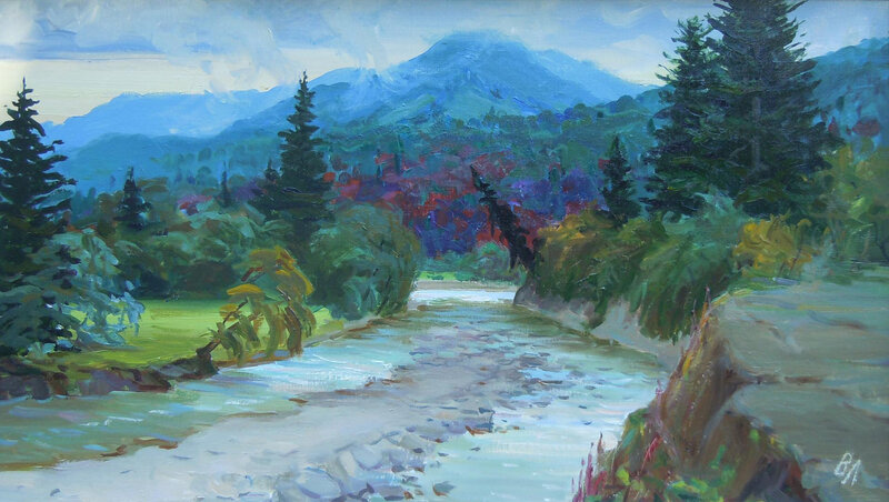 River Flowing Through Forest — Green, Serene, Morning, Painting