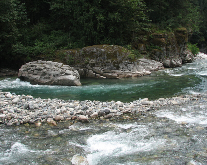 River Flowing Through Forest — Green, Serene, Photograph, Rocks, Trees
