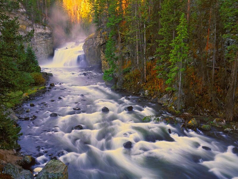 River Flowing Through Forest — Green, Serene, Sunset, Photograph, Trees, Rocks, Waterfall