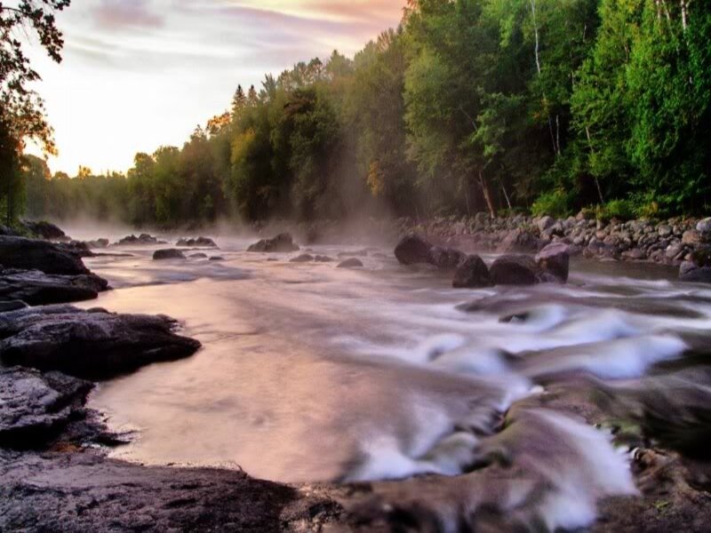 River Flowing Through Forest — Green, Serene, Sunset, Photograph, Trees