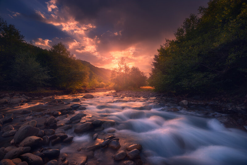 River Flowing Through Forest — Orange, Dramatic, Sunset