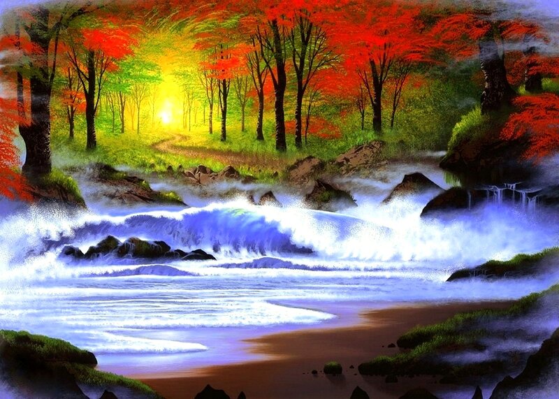 River Flowing Through Forest — Red, Serene, Autumn, Painting