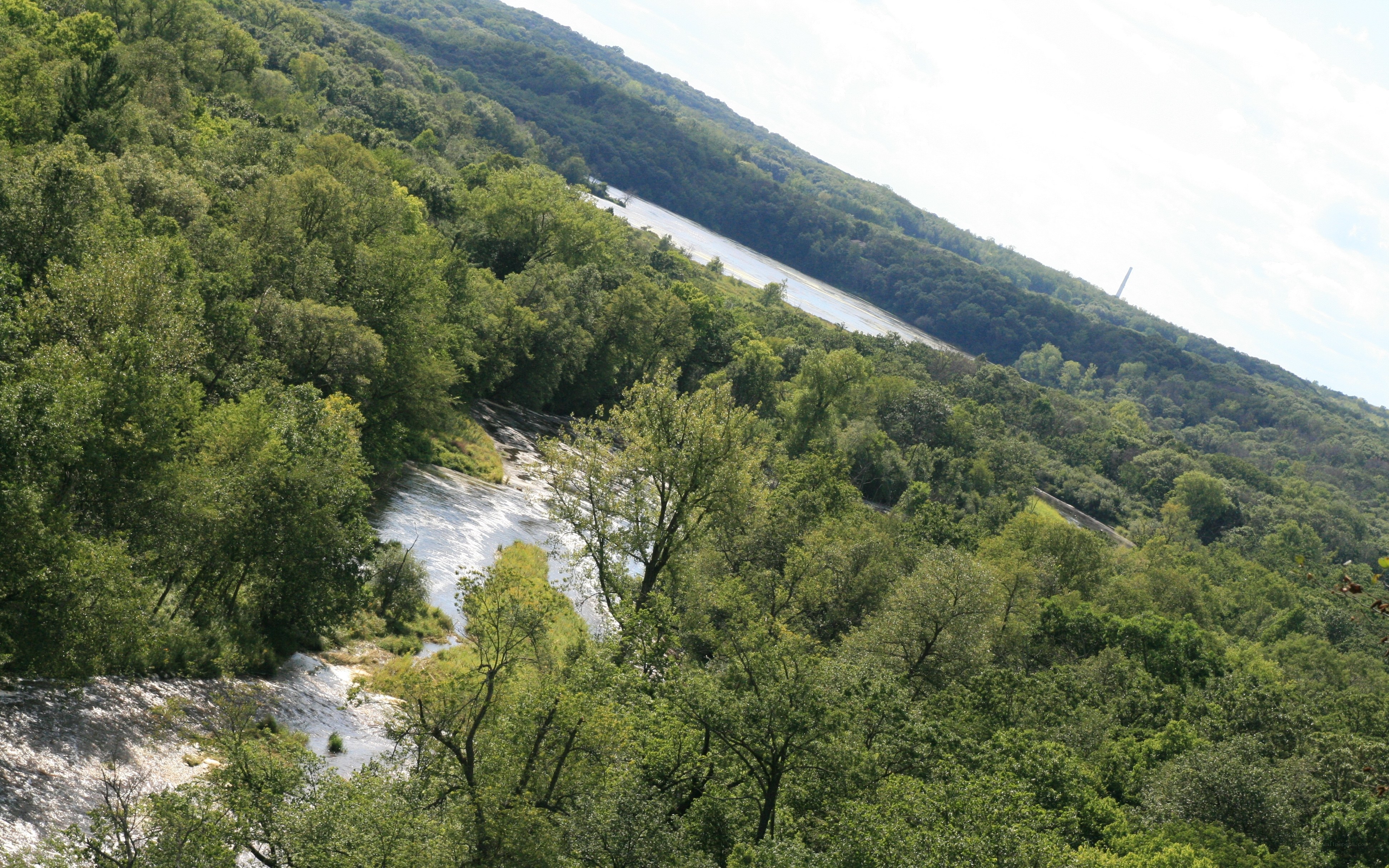 river flowing through forested hills
