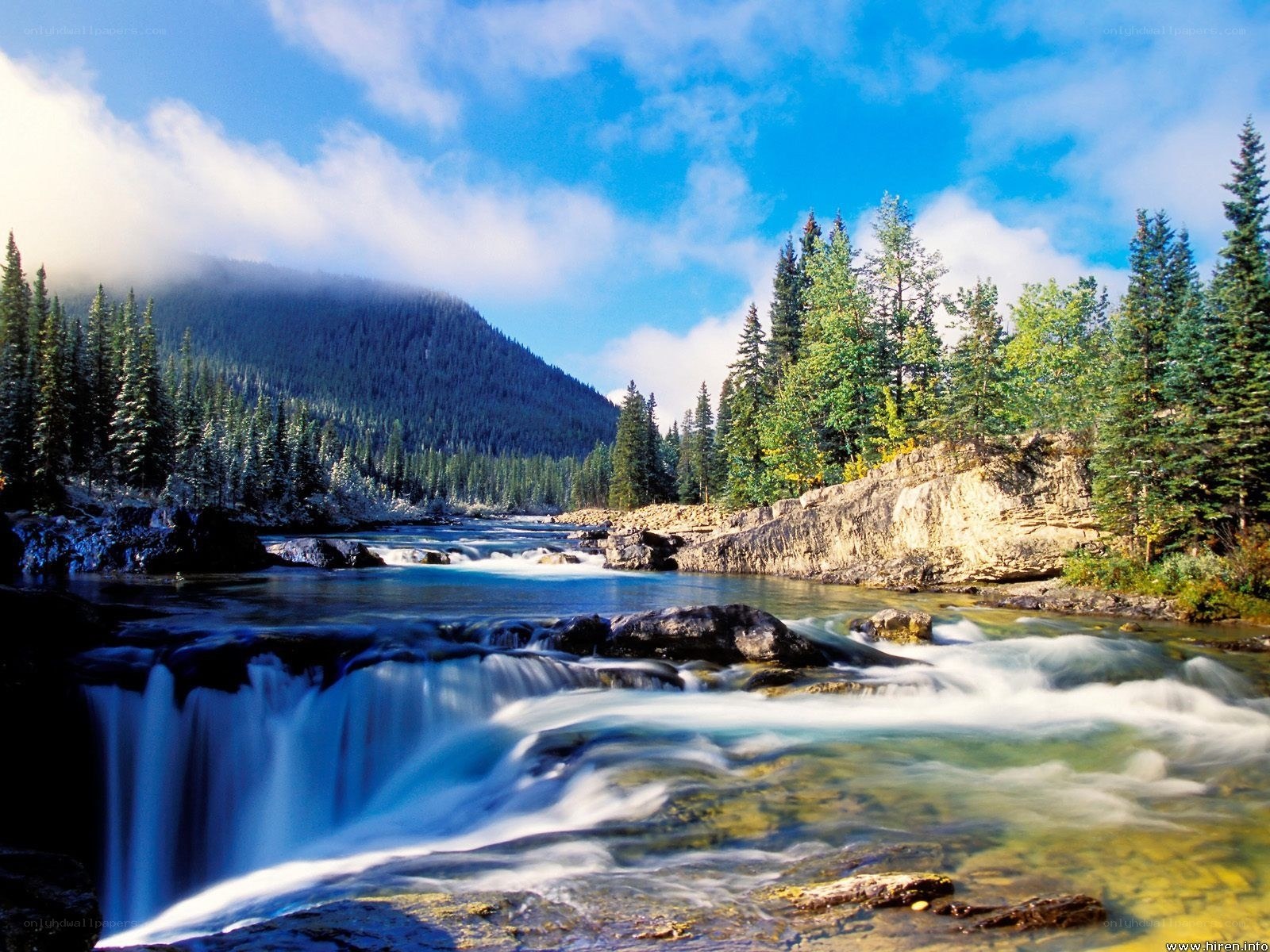 River flowing through forested mountains