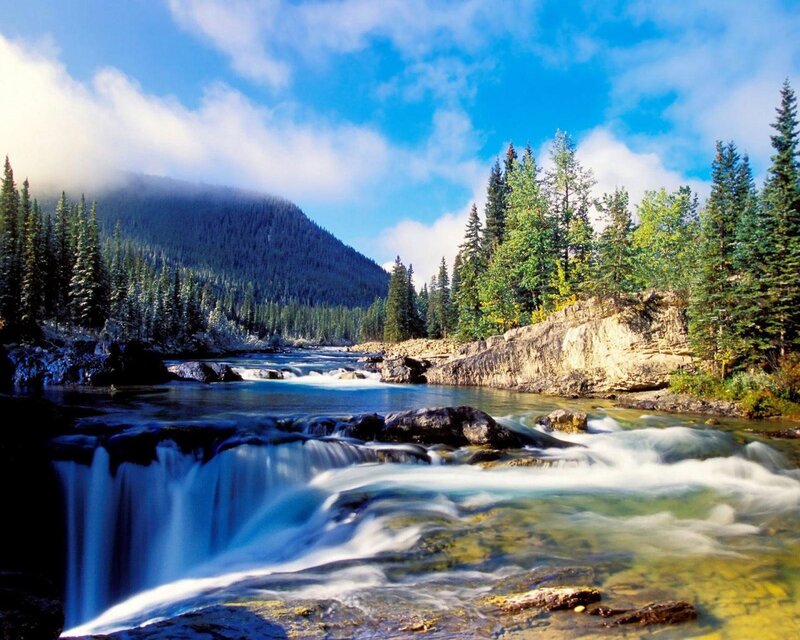 River flowing through forested mountains