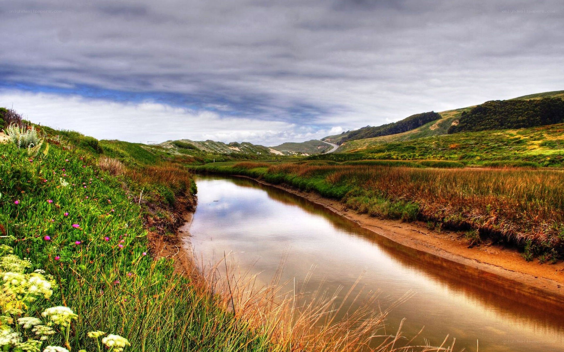 River flowing through green hills