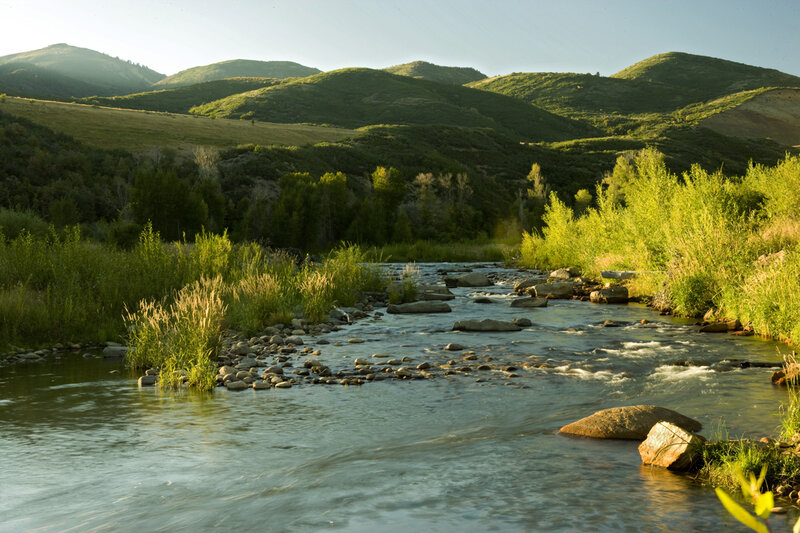River flowing through green hills