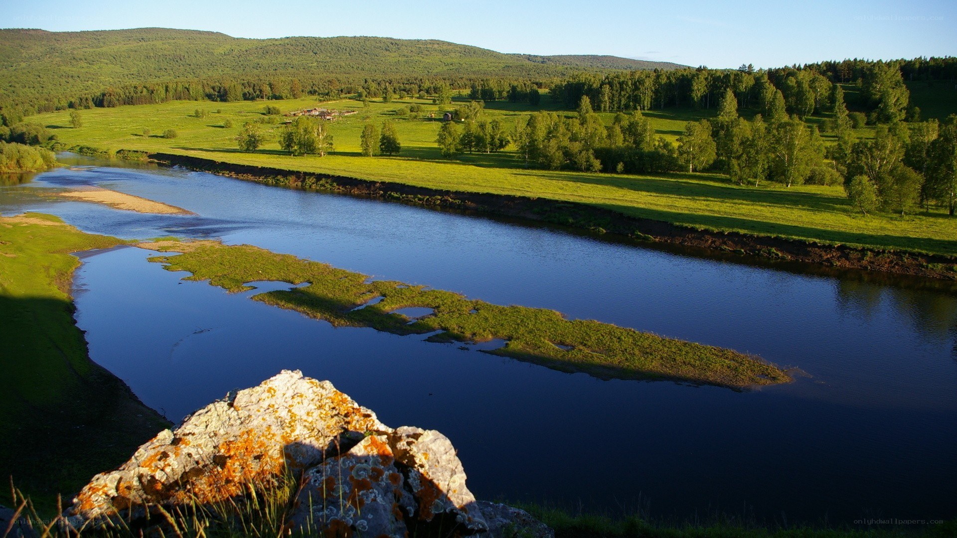 River flowing through green valley