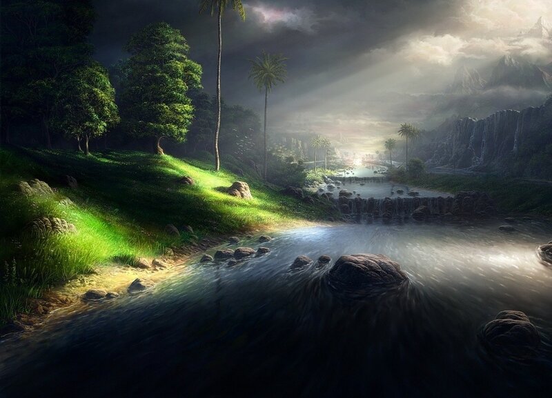 River Flowing Through Jungle — Green, Dramatic