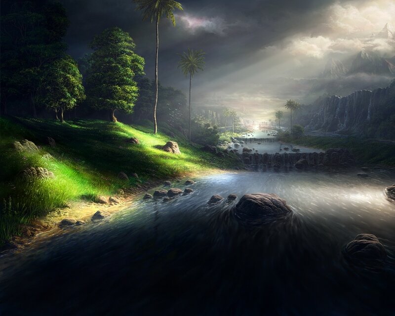 River Flowing Through Jungle — Green