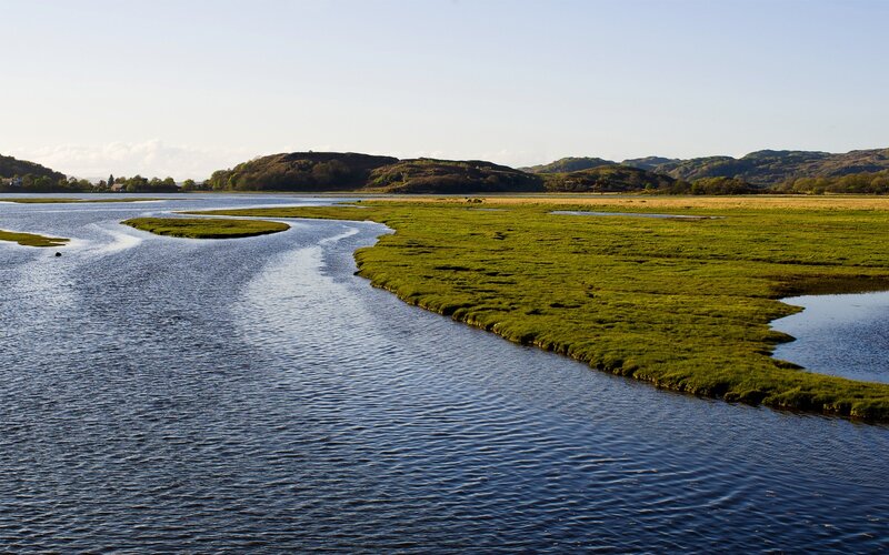 River Flowing Through Marsh — Blue, Serene, Afternoon, Photograph