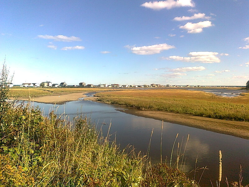 River Flowing Through Marsh — Blue, Serene