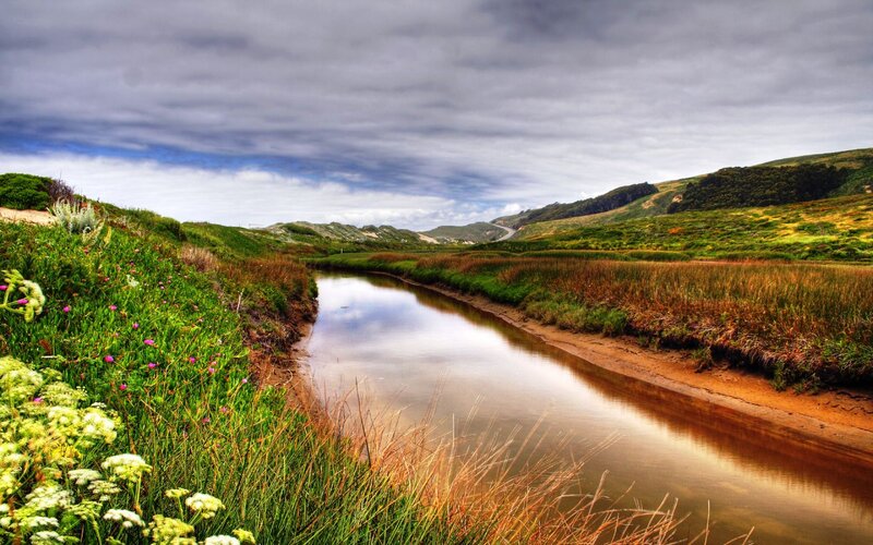 River Flowing Through Marsh — Green, Dramatic