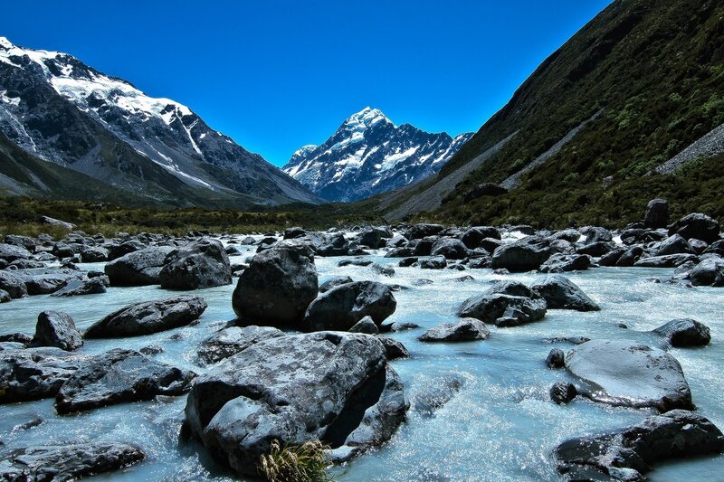 River Flowing Through Mountains — Blue, Dramatic, Afternoon, Photograph, Snow