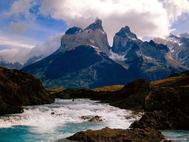 River Flowing Through Mountains — Blue, Dramatic, Afternoon, Photograph