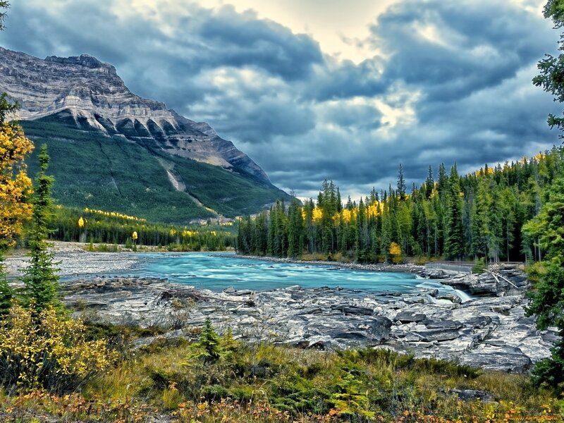 River Flowing Through Mountains — Blue, Dramatic, Autumn, Photograph, Forest