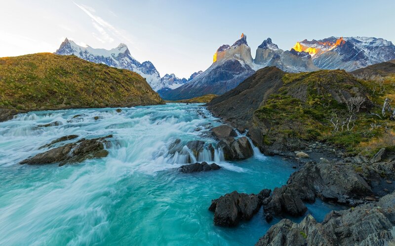 River Flowing Through Mountains — Blue, Dramatic, Sunrise, Photograph