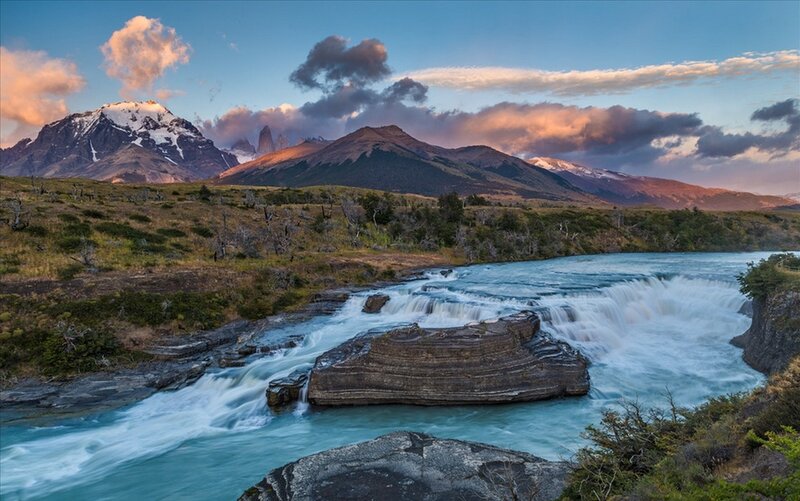 River Flowing Through Mountains — Blue, Dramatic, Sunrise