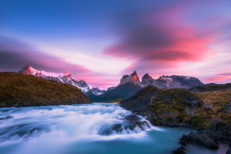 River Flowing Through Mountains — Blue, Dramatic, Sunset, Photograph, Sky, Rocks