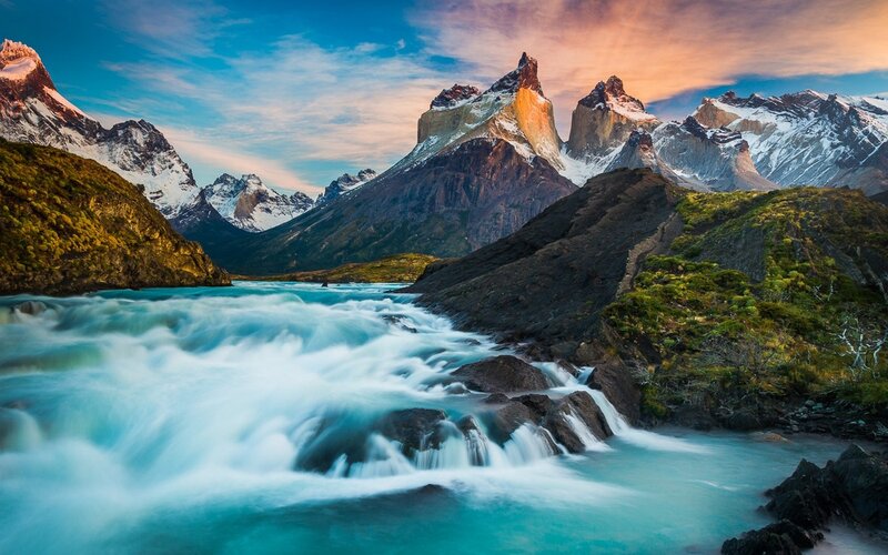 River Flowing Through Mountains — Blue, Dramatic, Sunset, Photograph, Sky
