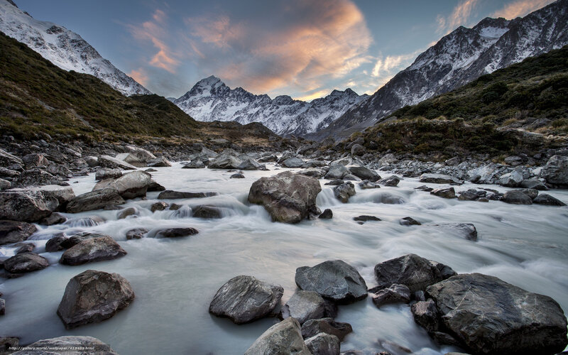 River Flowing Through Mountains — Blue, Dramatic, Sunset, Photograph