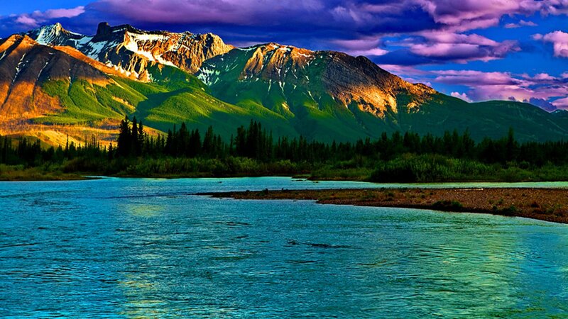 River Flowing Through Mountains — Blue, Dramatic, Sunset