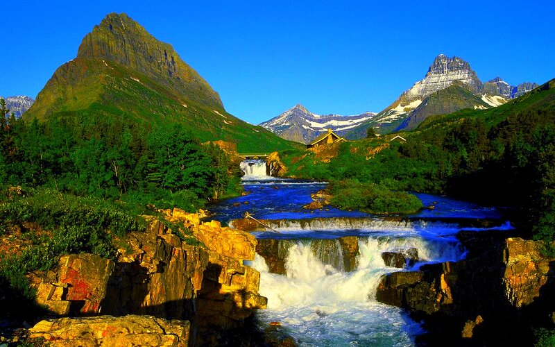River Flowing Through Mountains — Blue, Serene, Afternoon, Photograph, Forest