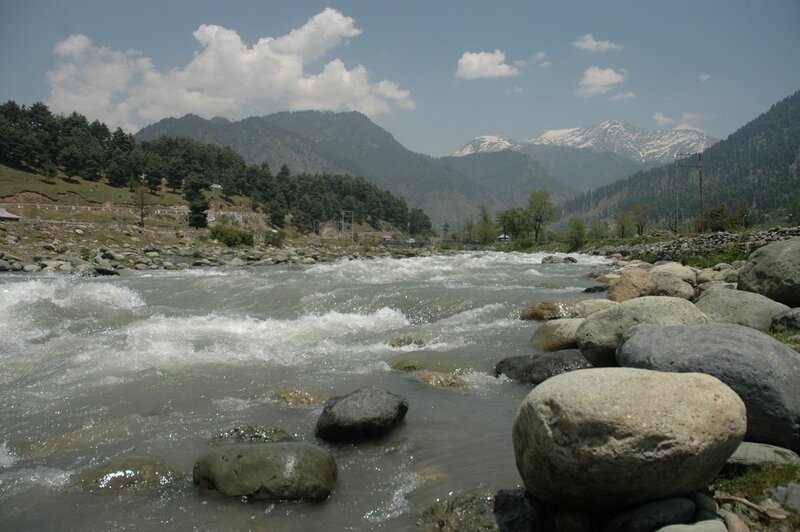 River Flowing Through Mountains — Blue, Serene, Afternoon