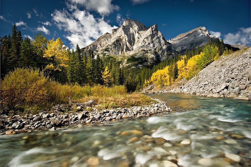 River Flowing Through Mountains — Blue, Serene, Autumn
