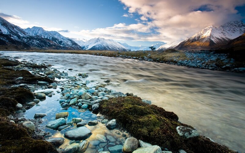 River Flowing Through Mountains — Blue, Serene, Morning, Photograph, Rocks, Sky, White