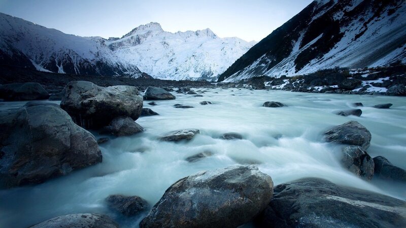 River Flowing Through Mountains — Blue, Serene, Morning, Photograph, Rocks, Snow, White