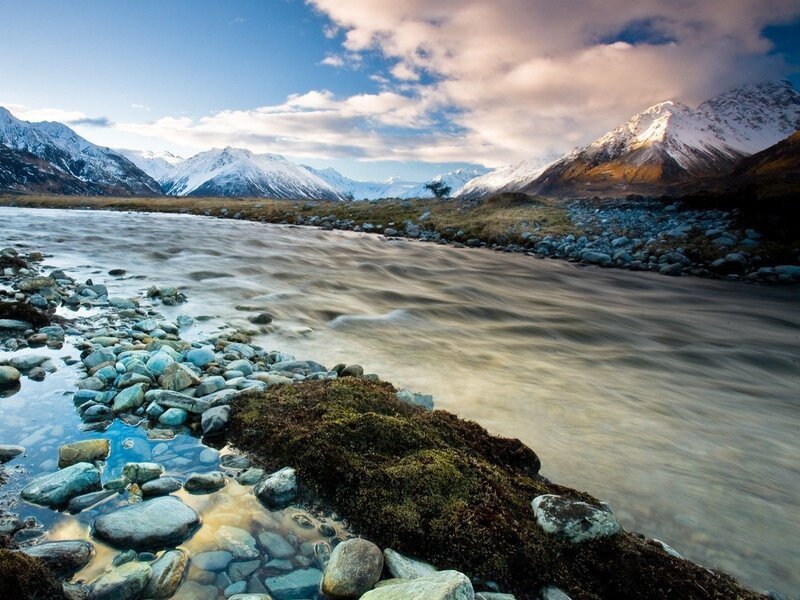 River Flowing Through Mountains — Blue, Serene