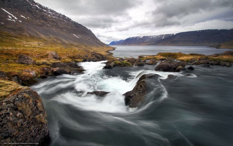 River Flowing Through Mountains — Gray, Dramatic, Photograph