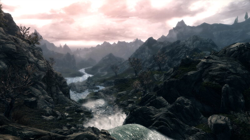 River Flowing Through Mountains — Gray, Dramatic