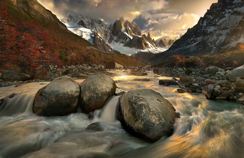 River Flowing Through Mountains — Green, Dramatic, Sunset
