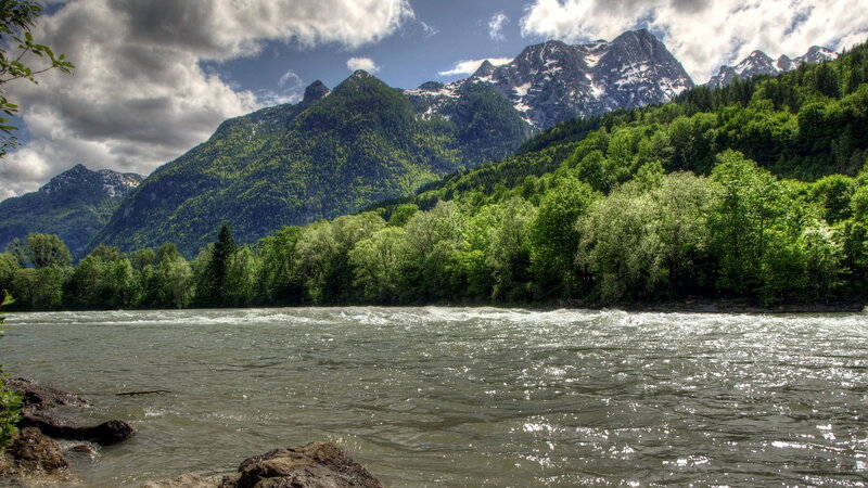 River Flowing Through Mountains — Green, Dramatic