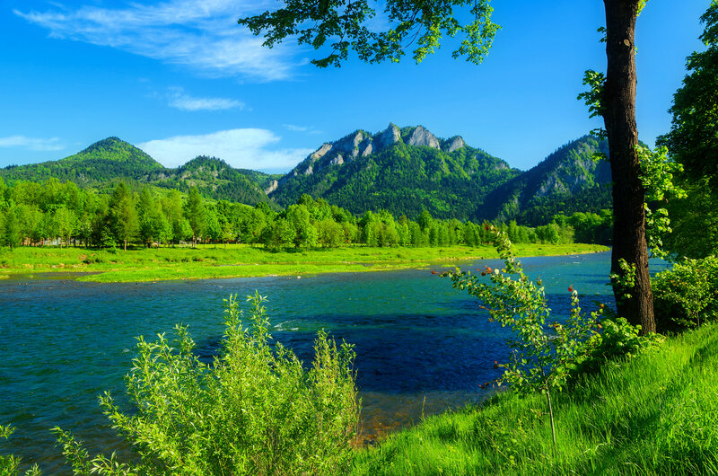River Flowing Through Mountains — Green, Serene, Afternoon