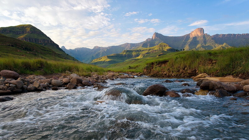 River Flowing Through Mountains — Green, Serene, Morning