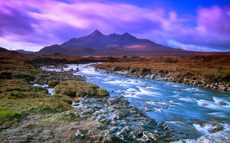 River Flowing Through Mountains — Purple, Dramatic, Sunset, Photograph, Sky
