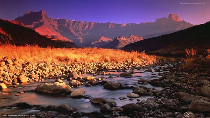 River Flowing Through Mountains — Purple, Dramatic, Sunset, Photograph