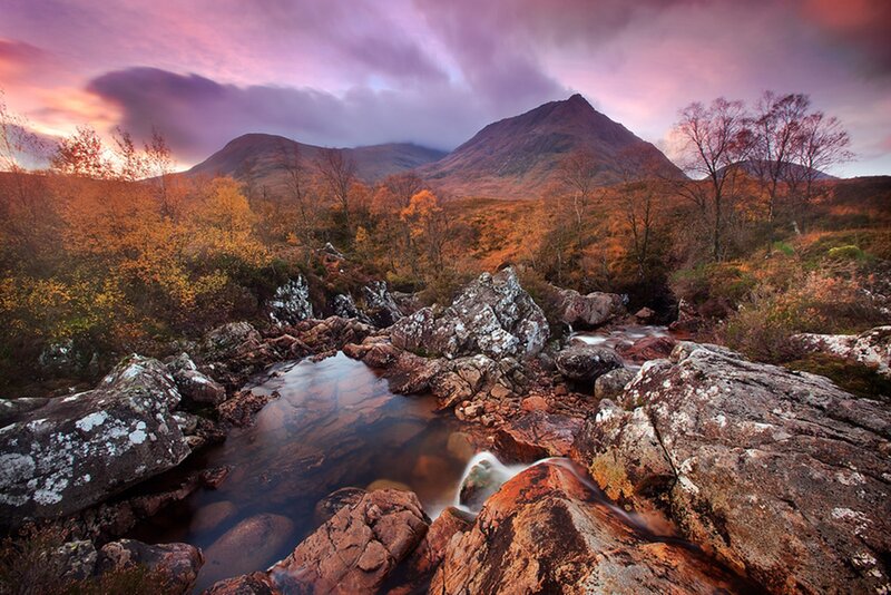 River Flowing Through Mountains — Purple, Dramatic, Sunset