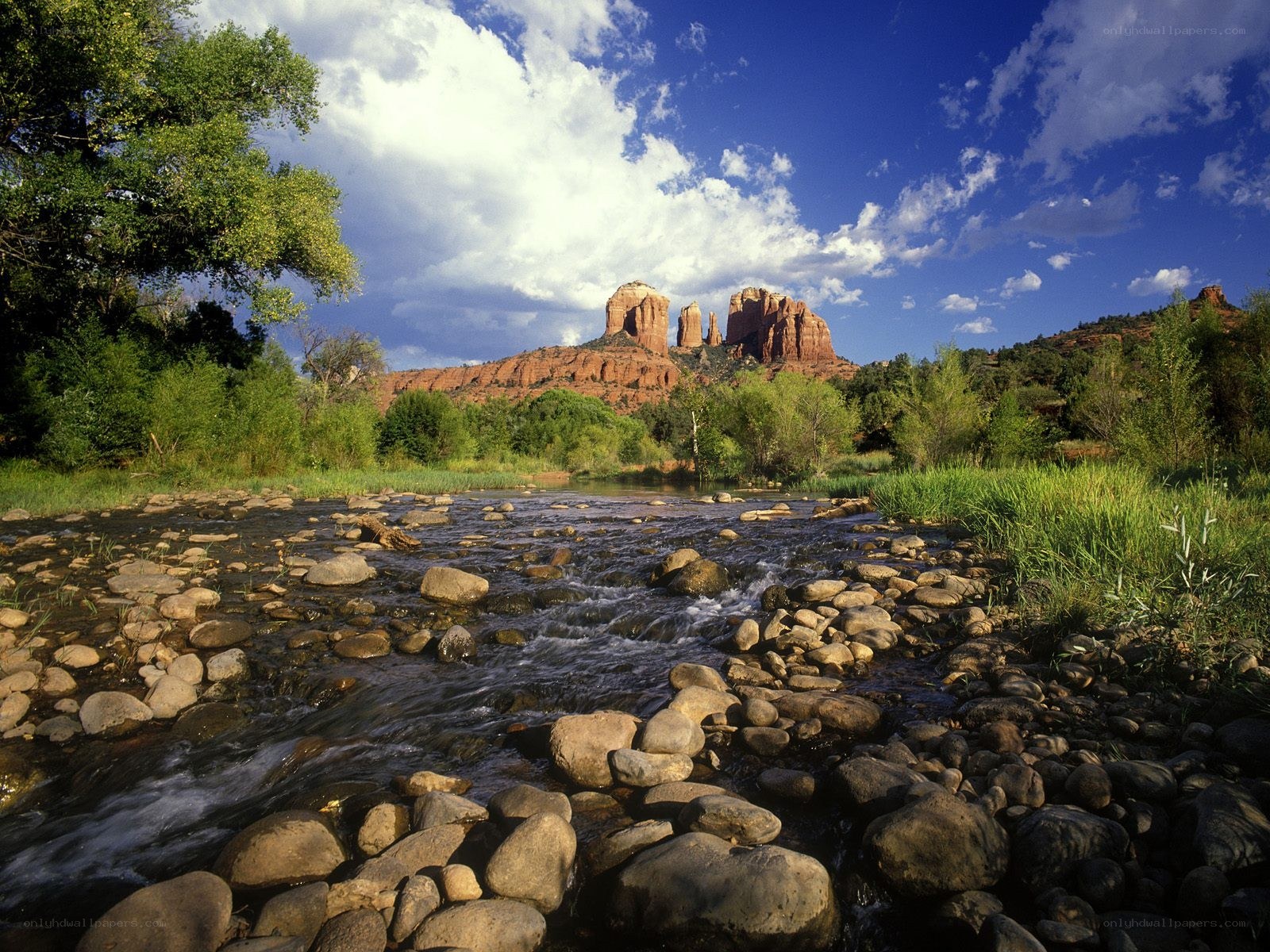 River flowing through red rock canyon