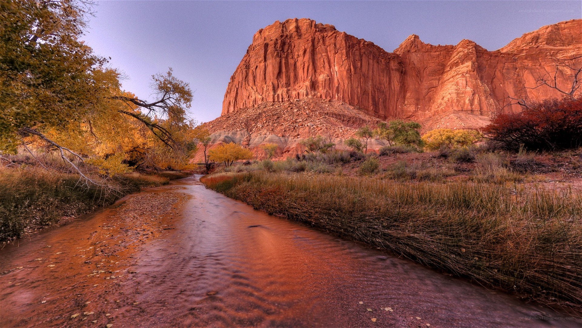 River flowing through red rock canyon