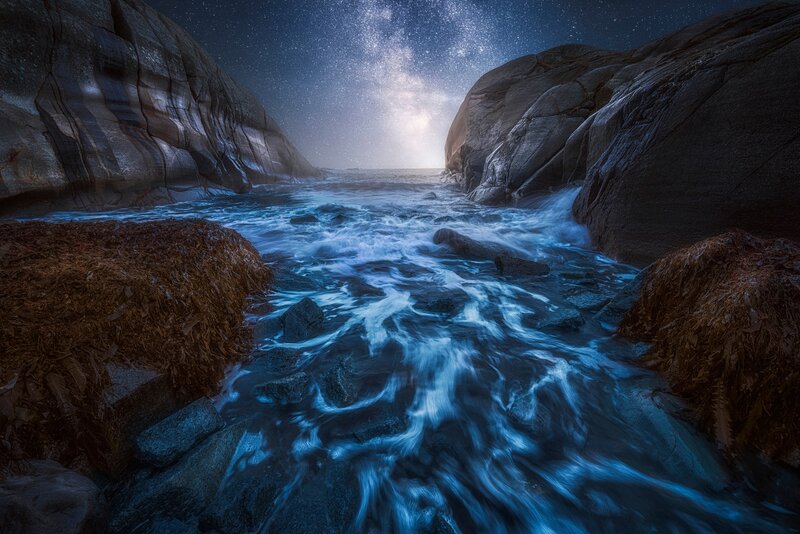 River Flowing Through Rocks — Blue, Dramatic, Night