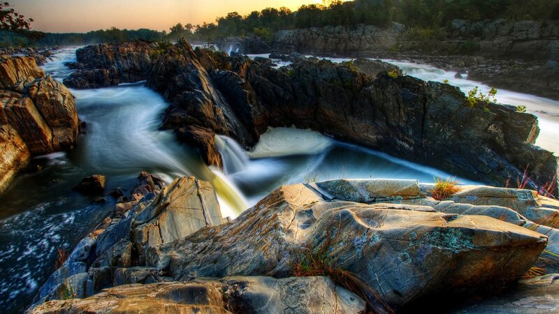 River Flowing Through Rocks — Blue, Dramatic, Sunset, Photograph, Trees