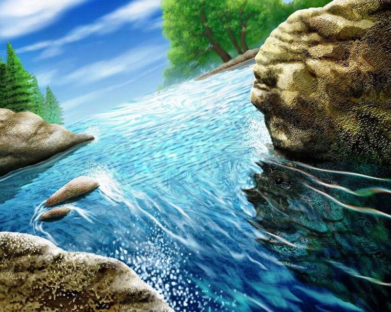 River Flowing Through Rocks — Blue, Serene, Afternoon, Digital Art