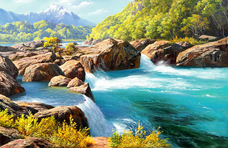 River Flowing Through Rocks — Blue, Serene, Afternoon, Painting