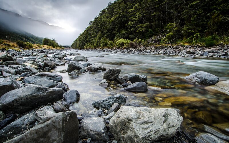 River Flowing Through Rocks — Gray, Serene, Morning