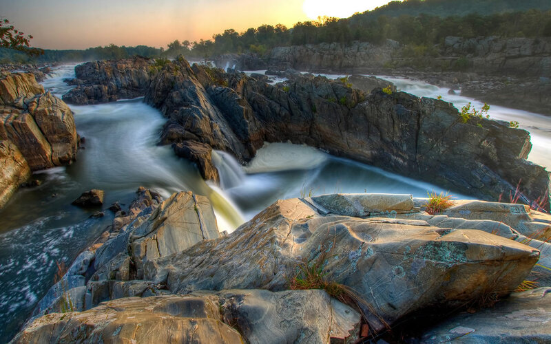 River Flowing Through Rocks — Gray, Serene, Sunset