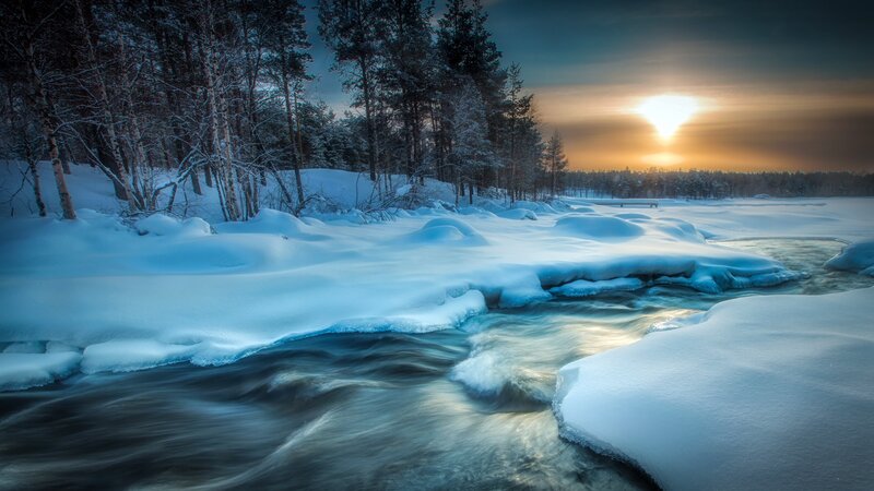 River Flowing Through Snow — Blue, Serene, Sunset